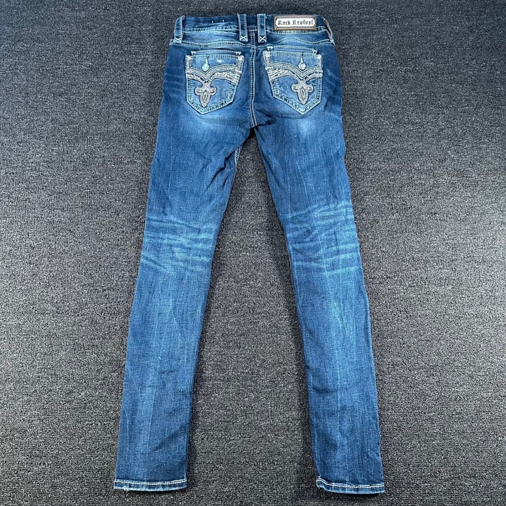 Rock Revival Yara Skinny Jeans Womens 26 Blue Distressed Mid Rise Rhinestones
